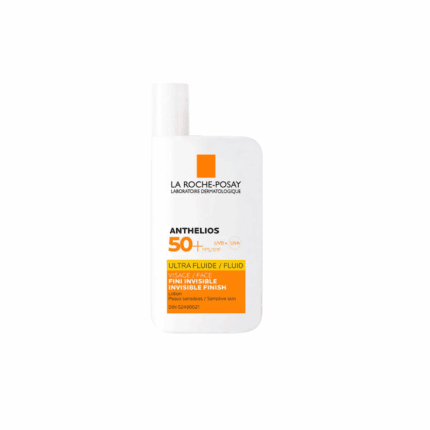 White bottle of La Roche-Posay Anthelios SPF 50+ Ultra Fluid facial sunscreen with orange label, designed for sensitive skin and invisible finish.