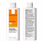Front and back view of La Roche-Posay Anthelios Ultra Fluid SPF 50 125ml body sunscreen bottle showing invisible finish formula, ingredients, and high UVA/UVB protection.