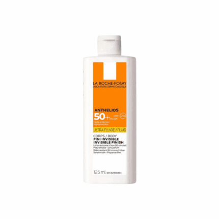 La Roche-Posay Anthelios Ultra Fluid Sunscreen SPF 50 125ml bottle with invisible finish body lotion formula and high UVA/UVB protection displayed on white background.