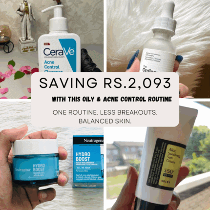 Oily and acne control skincare routine bundle collage showing cleanser, niacinamide serum, moisturizer, and sunscreen with bundle savings from Skinify LK Sri Lanka.