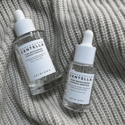Comparison of SKIN1004 Madagascar Centella Tone Brightening Capsule Ampoule 30ml and 50ml bottles side by side