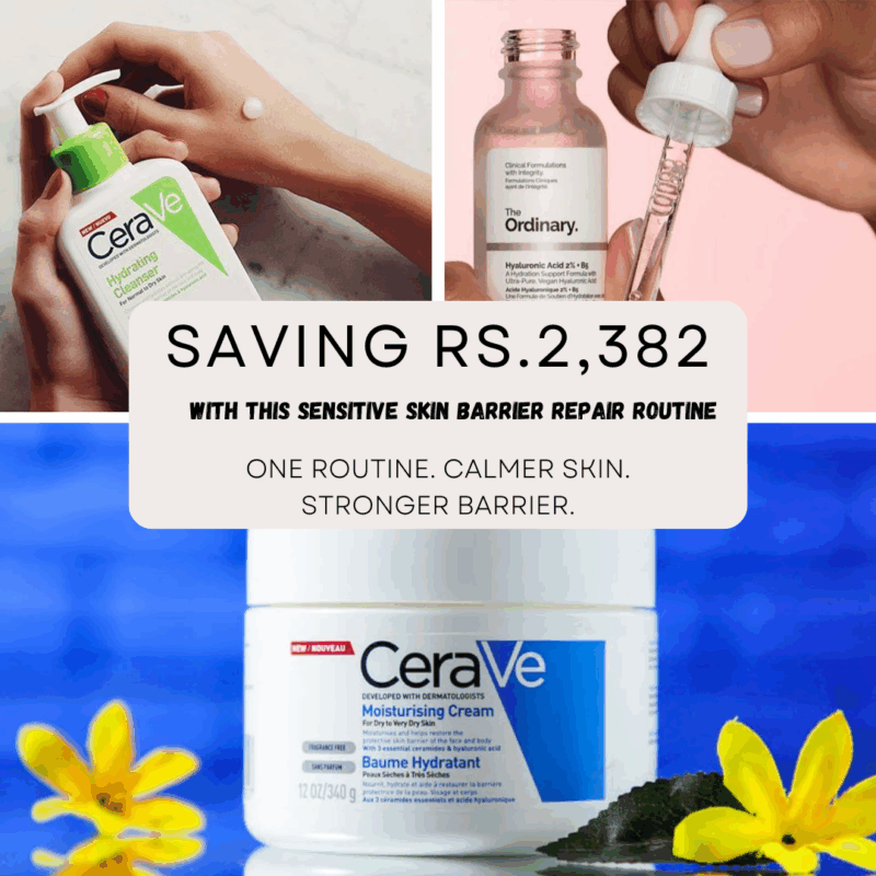 Sensitive Skin Barrier Repair Bundle savings offer with CeraVe Hydrating Cleanser, The Ordinary Hyaluronic Acid and CeraVe Moisturizing Cream