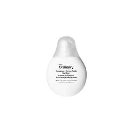 The Ordinary Squalane + Amino Acids Lip Balm 15ml in a minimalist white teardrop-shaped bottle with a translucent cap on a light background.