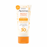 Single Aveeno Protect + Hydrate sunscreen tube with SPF 30 centered on a plain light background, featuring an orange flip-top cap and label highlighting broad-spectrum UVA/UVB protection and all-day hydration.