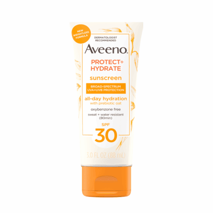 Single Aveeno Protect + Hydrate sunscreen tube with SPF 30 centered on a plain light background, featuring an orange flip-top cap and label highlighting broad-spectrum UVA/UVB protection and all-day hydration.