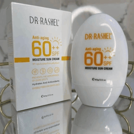 Dr Rashel Moisture Sunscreen SPF 60 60g Sri Lanka anti-aging moisture sun cream bottle and box packaging displayed on a reflective surface with SPF 60++ protection.