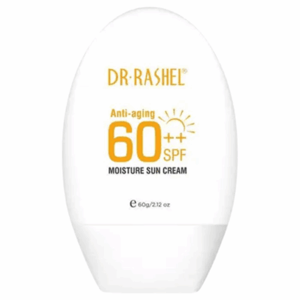 Front view of Dr Rashel Moisture Sunscreen SPF 60 60g Sri Lanka anti-aging moisture sun cream bottle with SPF 60++ protection in white packaging.