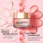 Anti-aging Age Perfect Golden Age SPF 20 cream jar with gold lid surrounded by pink peony petals and skincare serum texture, highlighting peony native cells and calcium with vitamin B3 benefits for radiant and strengthened skin