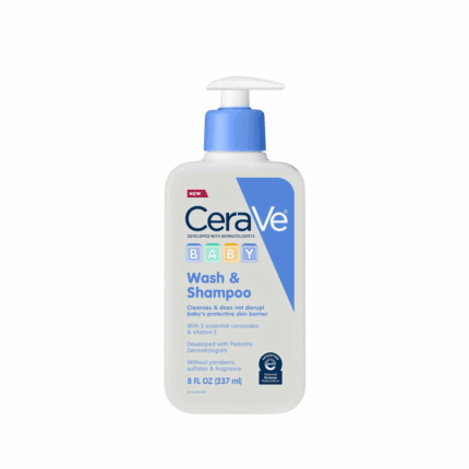 “CeraVe Baby Wash & Shampoo bottle with pump dispenser, gentle cleanser for babies with ceramides and vitamin E, 8 fl oz”