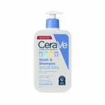 “CeraVe Baby Wash & Shampoo bottle with pump dispenser on white background, gentle baby cleanser with ceramides, 16 fl oz”