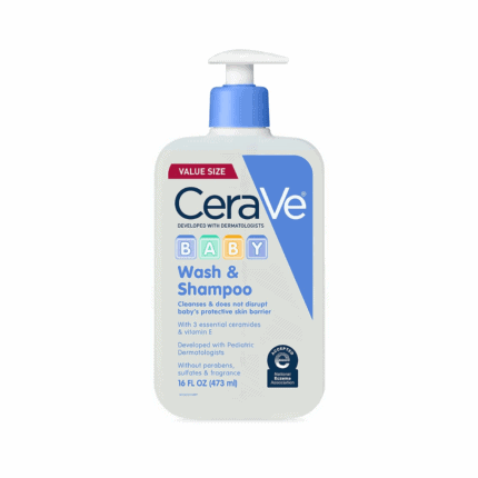 “CeraVe Baby Wash & Shampoo bottle with pump dispenser on white background, gentle baby cleanser with ceramides, 16 fl oz”