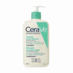 CeraVe Foaming Facial Cleanser in a white pump bottle with green label, designed for normal to oily skin, shown on a clean white background displaying product branding and packaging