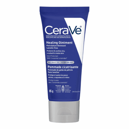 CeraVe Healing Ointment in a blue tube with white label, petrolatum-based skin protectant designed to soothe dry, cracked, and chafed skin, displayed on a clean background