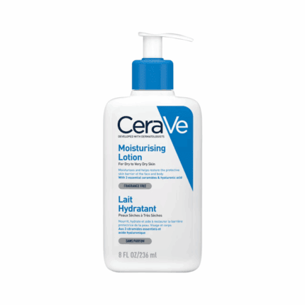 CeraVe Moisturising Lotion bottle with pump dispenser, fragrance-free moisturizer for dry to very dry skin with ceramides and hyaluronic acid, 236 ml