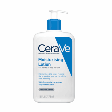 CeraVe Moisturising Lotion bottle with pump dispenser, fragrance-free moisturizer for normal to very dry skin with ceramides, 473 ml