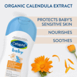 “Cetaphil Baby bath and wash with organic calendula extract, highlighting benefits for sensitive skin including protection, nourishment, and soothing care”