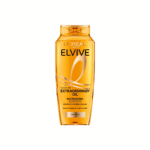 L’Oréal Elvive Extraordinary Oil nourishing shampoo in a golden bottle, designed to provide intense nourishment and shine for dry hair, displayed on a clean background