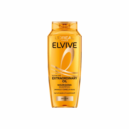 L’Oréal Elvive Extraordinary Oil nourishing shampoo in a golden bottle, designed to provide intense nourishment and shine for dry hair, displayed on a clean background