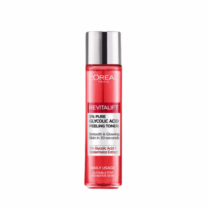 L’Oréal Revitalift 5% Pure Glycolic Acid peeling toner in a red transparent bottle with silver cap, designed to exfoliate and brighten skin, displayed on a clean background