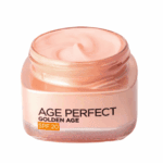 Luxury anti-aging face cream jar labeled “Age Perfect Golden Age SPF 20” with a gold lid and soft pink glass container on a clean background