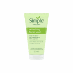 Simple Refreshing Facial Wash gel in a light green tube designed for sensitive skin, showing a gentle face cleanser with no harsh chemicals on a clean background
