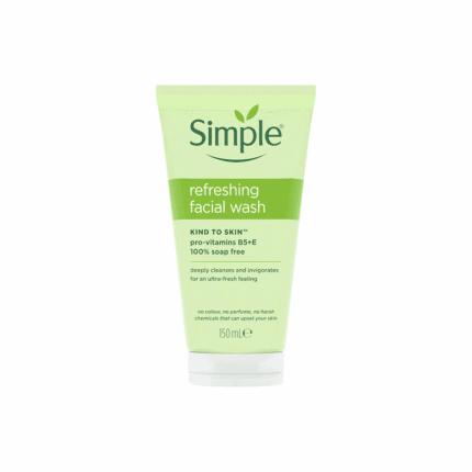 Simple Refreshing Facial Wash gel in a light green tube designed for sensitive skin, showing a gentle face cleanser with no harsh chemicals on a clean background