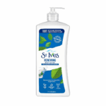 St. Ives Renewing Collagen and Elastin body lotion in a white pump bottle with blue label, designed to improve skin elasticity and hydration, displayed on a clean background