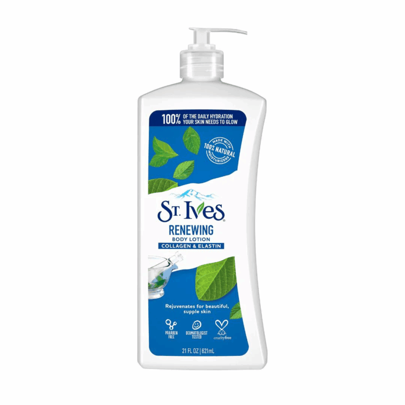 St. Ives Renewing Collagen and Elastin body lotion in a white pump bottle with blue label, designed to improve skin elasticity and hydration, displayed on a clean background