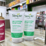 “Two Simple Age Resisting Facial Wash tubes placed on store counter, hydrating face cleanser for sensitive skin, 150 ml”