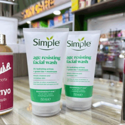 “Two Simple Age Resisting Facial Wash tubes placed on store counter, hydrating face cleanser for sensitive skin, 150 ml”